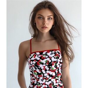 90s Outlook Fit Flare Dress Cherry Print Sleeveless Cotton Pink USA Size Medium